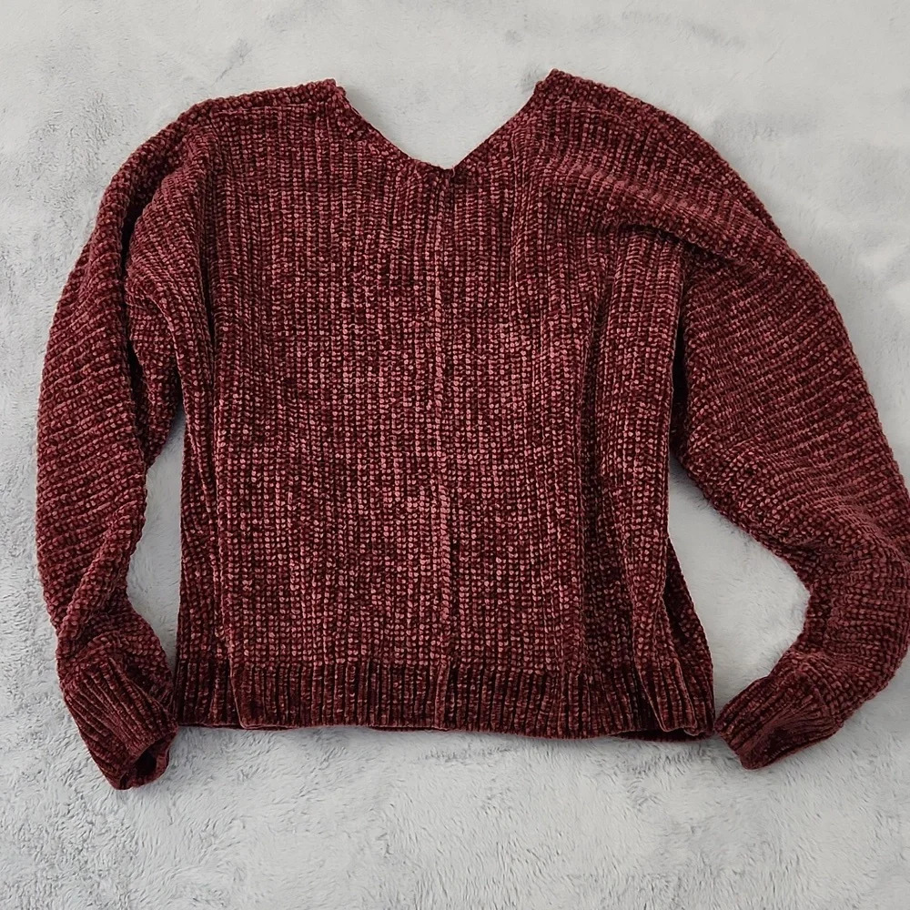 Pink Rose Chenille Sweater Women's Small Burgundy V-Neck Soft Cozy Pullover - Picture 4 of 10